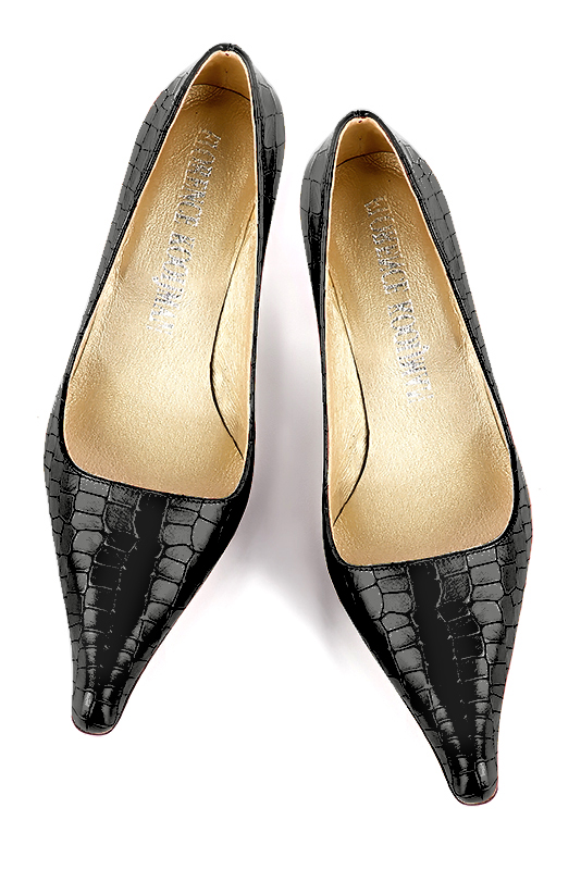 Satin black women's dress pumps,with a square neckline. Pointed toe. Medium block heels. Top view - Florence KOOIJMAN